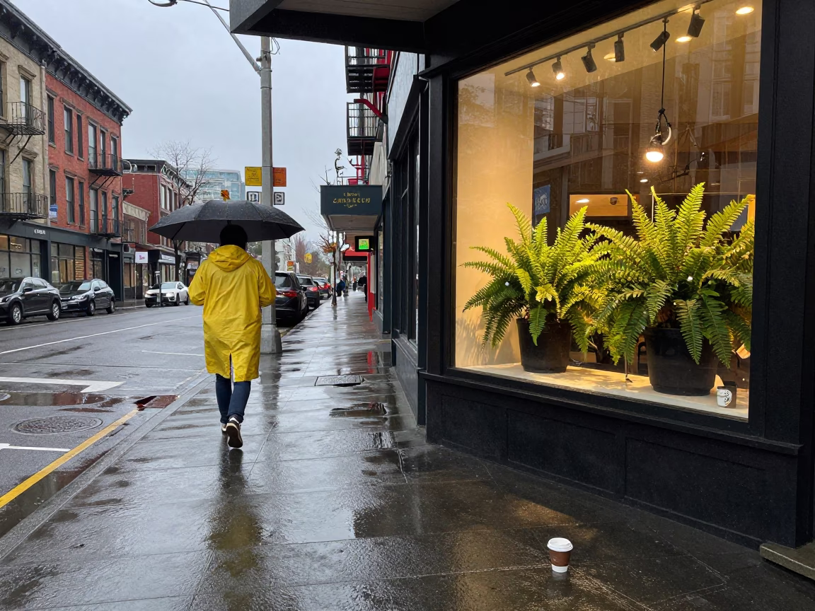Rainy Seattle Street Scene with Coffee Cup and Umbrella in Early Afternoon in in Seattle, Washington, United States