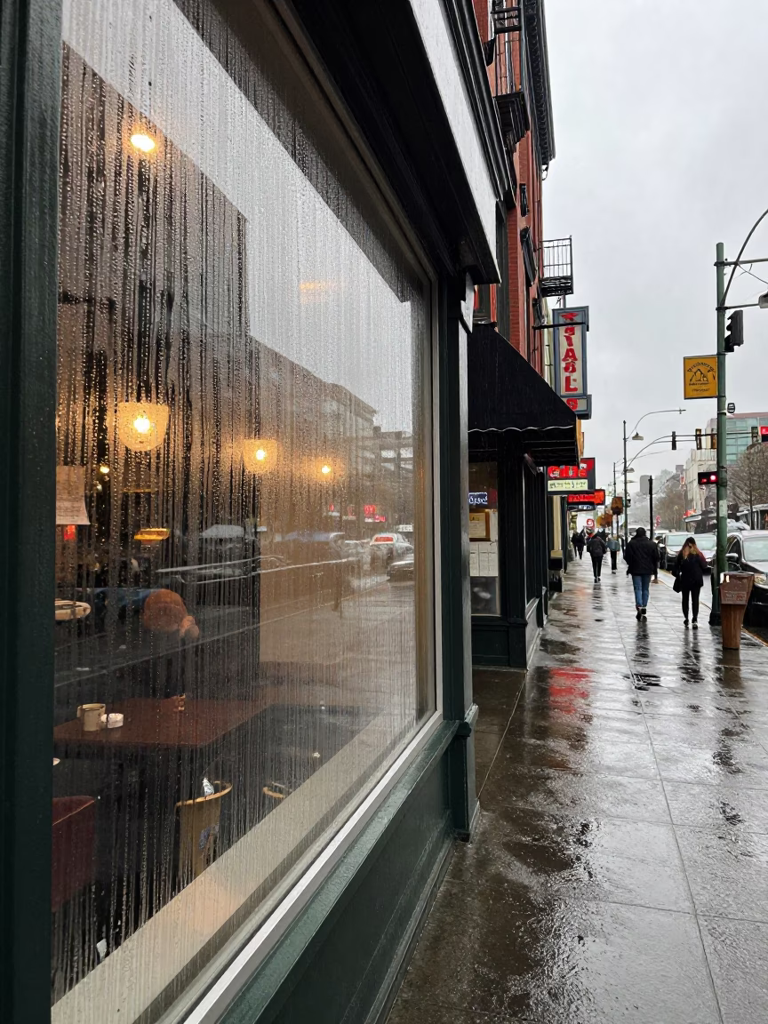 Rainy Seattle Street Scene with Condensation on Glass and Woven Baskets in in Seattle, Washington, United States