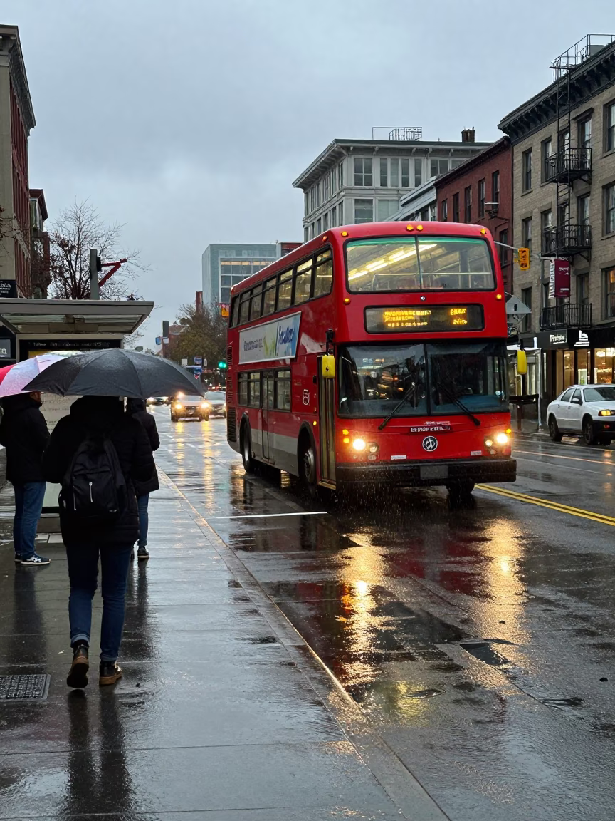 Rainy Seattle Street Scene with Double-Decker Bus and Umbrellas in in Seattle, Washington, United States