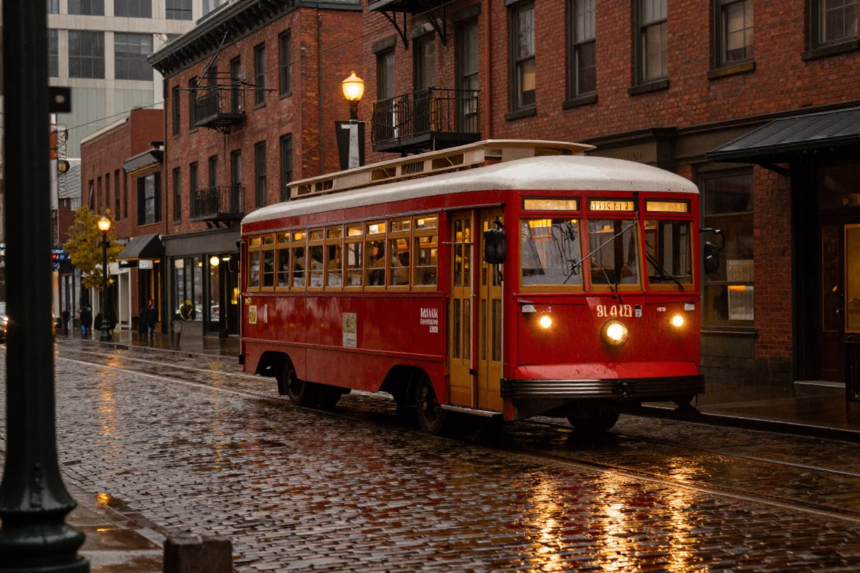 Rainy Seattle Street Scene with Trolley Car and Brick Wall Ivy in Copper Light in in Seattle, Washington, United States