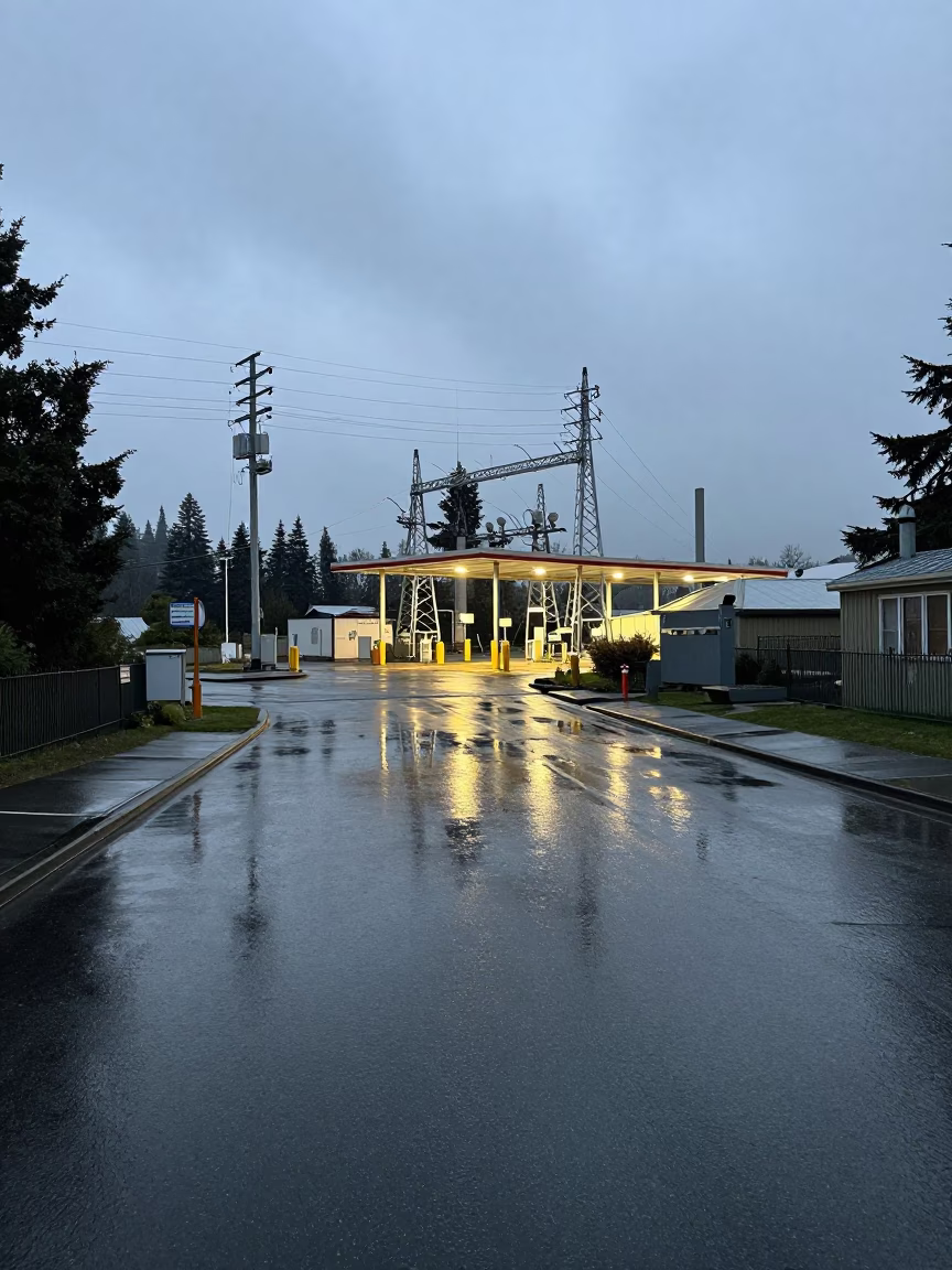 Rainy Seattle Substation Access Road Early Evening Puddle Reflection in in Seattle, Washington, United States