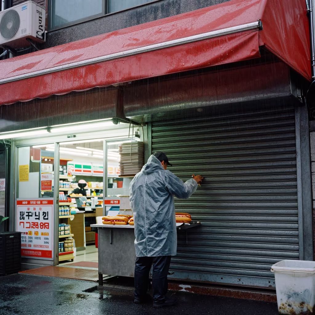 Rainy Seoul Hot Dog Stand Closing Early Afternoon in outside a fluorescent convenience store in Seoul
