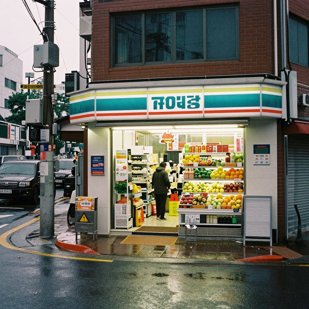 Rainy Seoul Street Corner with Wet Asphalt and Local Shop Display in in Seoul, South Korea