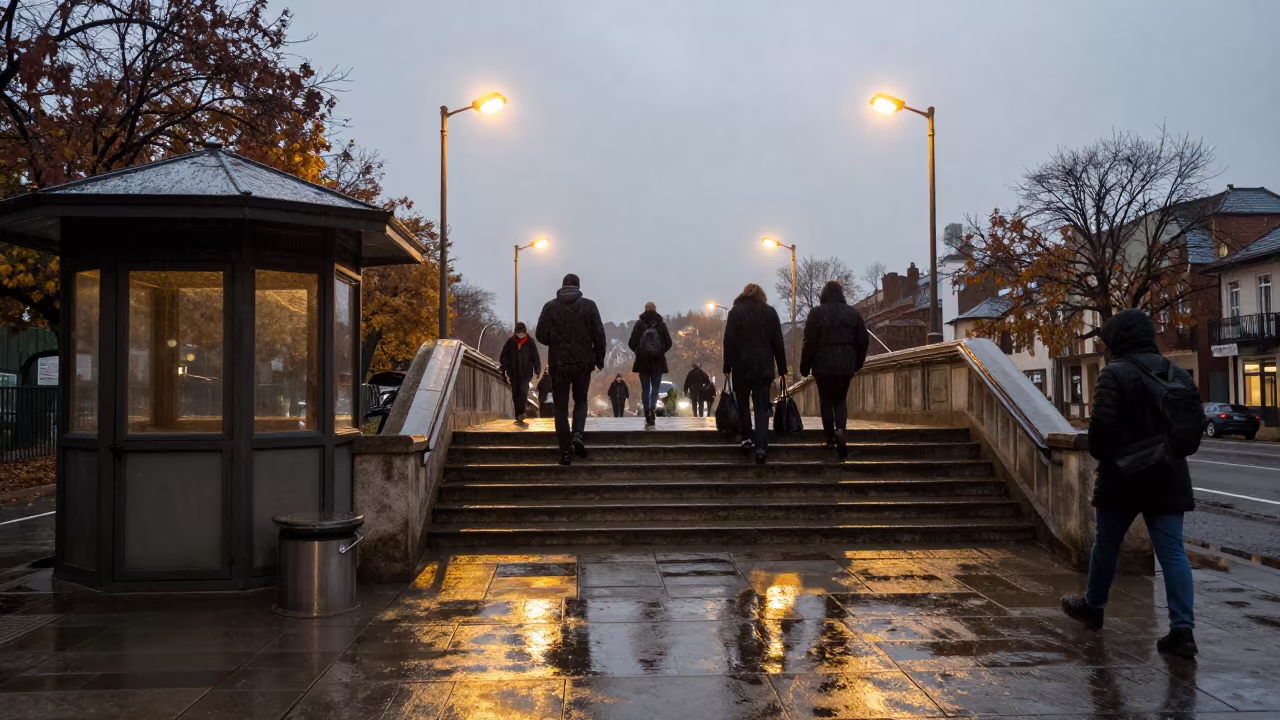 Rainy Stairs Commuters Jaramana Twilight in by a rain-darkened kiosk in Jaramana