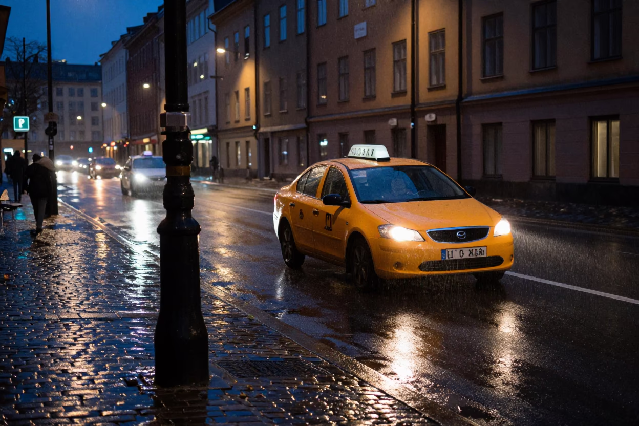 Rainy Stockholm Night Street Scene with Yellow Taxi and Wet Cobblestones in in Stockholm, Sweden