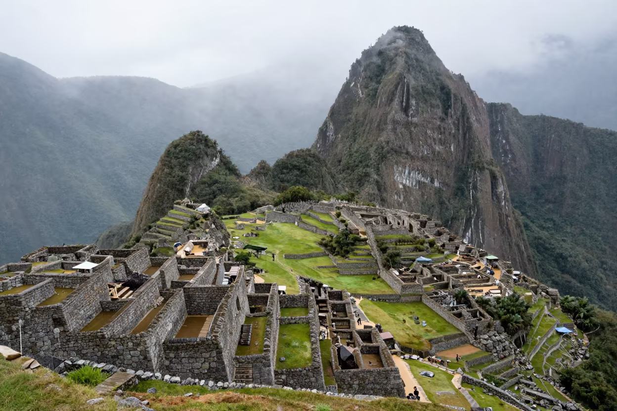 Rainy Stone Terraces Above Cloud Forest Peru in across a wide valley floor in Peru