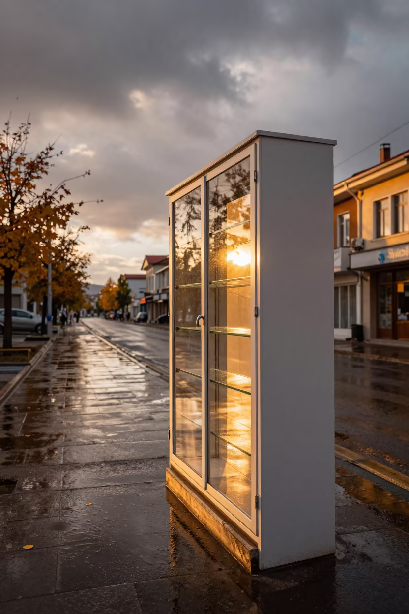 Rainy Storefront Display Cabinet Golden Hour Ağrı in along a storefront glass line on a wet street in Ağrı