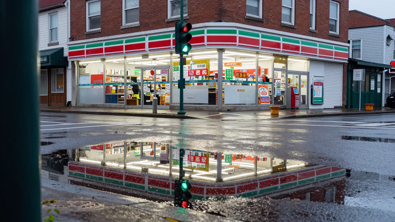 Rainy Street Corner Traffic Light Reflection Kingston in outside a fluorescent convenience store in Kingston