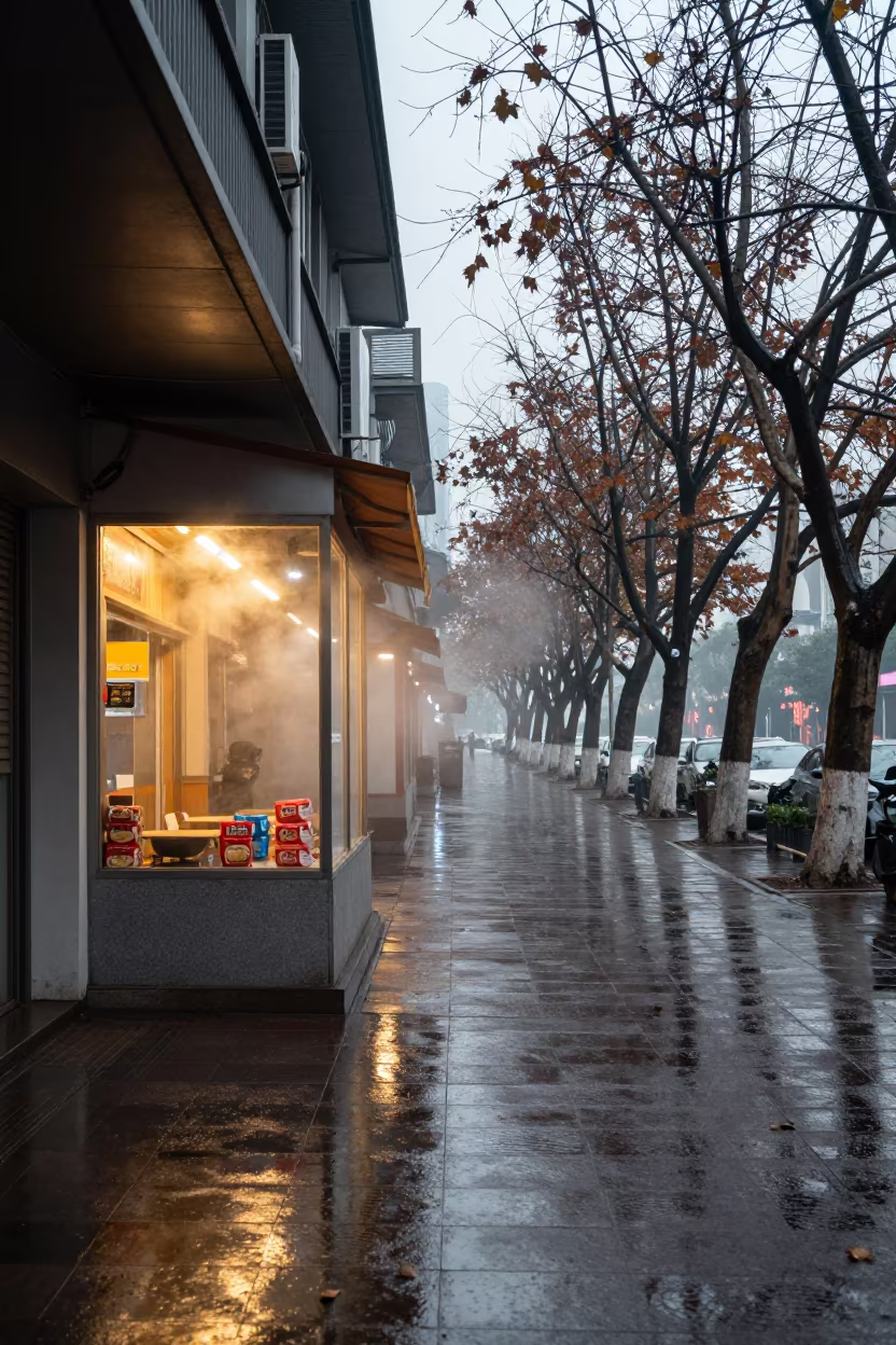 Rainy Street Neon Ramen Shop Window Chongqing in outside a lit retail frontage after dark in Chongqing
