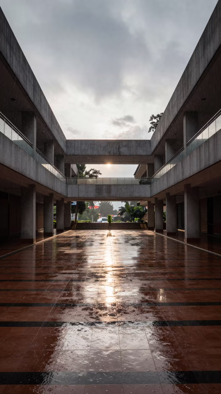 Rainy Sunrise Reflections in La Macarena Atrium in inside a tiled stair hall in La Macarena, Bogota