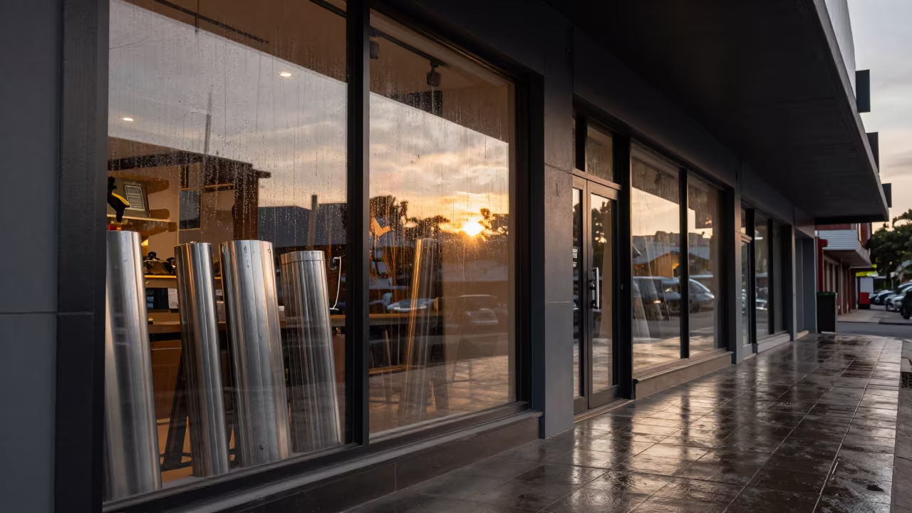 Rainy Sunset Light on Fabric Rail in Harare Shop in inside a storefront prepared for opening in Harare