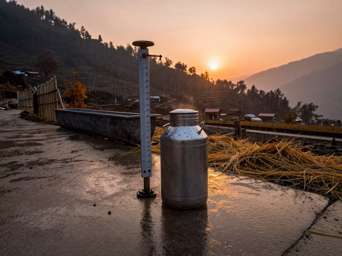 Rainy Sunset Milk Meter Calibration Kit in near a windbreak and water trough in Sikkim