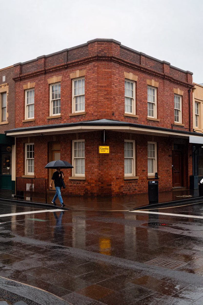 Rainy Sydney Street Corner with Umbrella and Wet Pavement Reflections in in Sydney, New South Wales, Australia