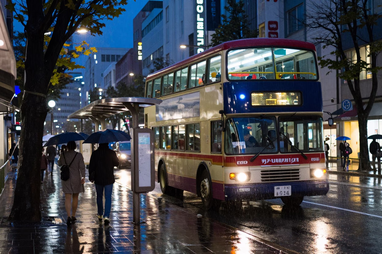 Rainy Tokyo Evening Street Scene with Double-Decker Bus and Neon Glow in in Tokyo, Japan