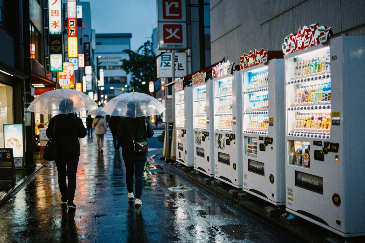 Rainy Tokyo Street Scene at Dusk with Vending Machines and Umbrellas in in Tokyo, Japan