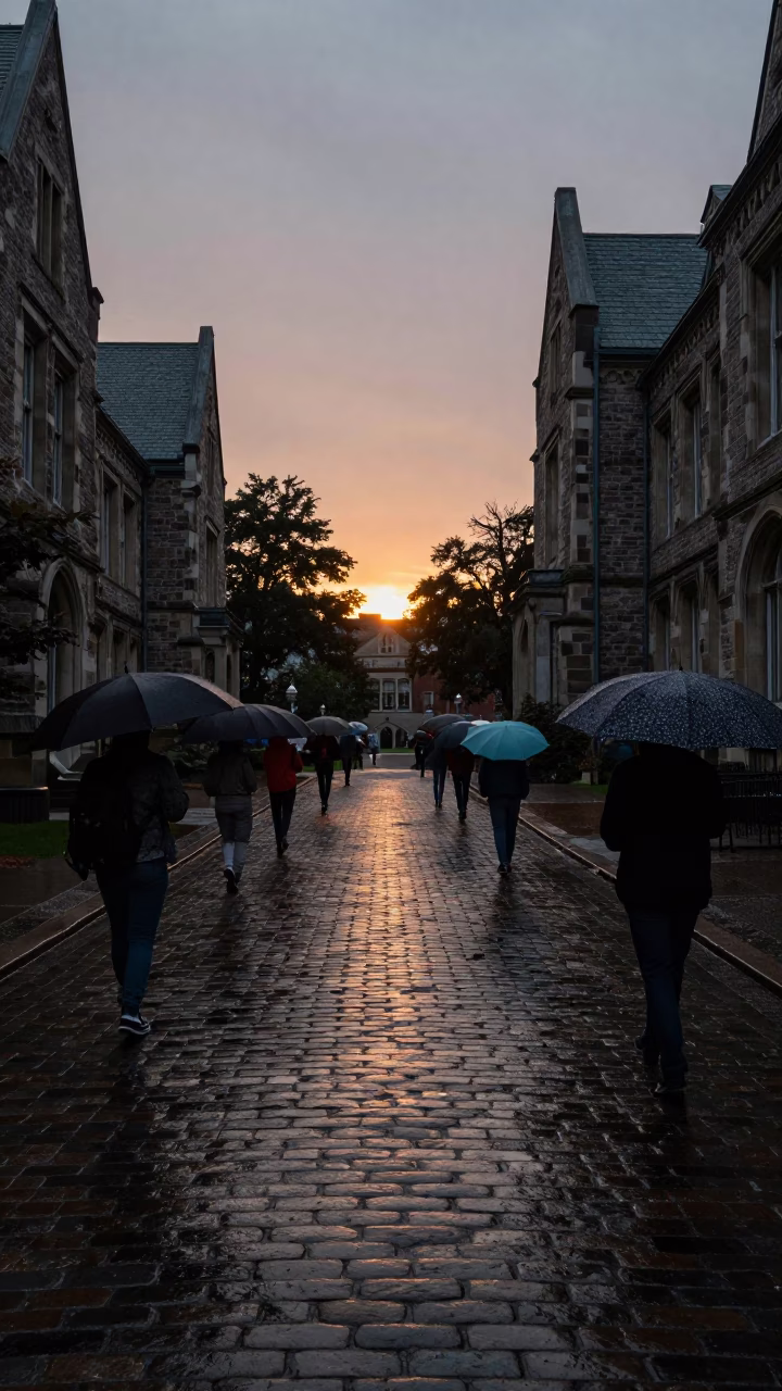 Rainy Toronto Evening at University of Toronto Courtyard with Umbrellas and City Lights in in Toronto, Ontario, Canada