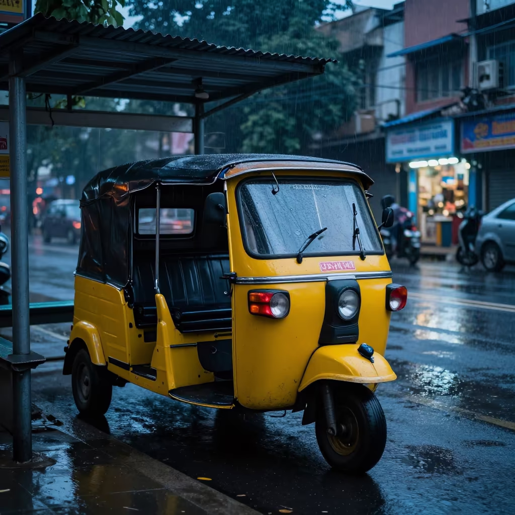 Rainy Tuk-Tuk at Delhi Tram Stop Evening in at a tram stop in Shahpur Jat, Delhi