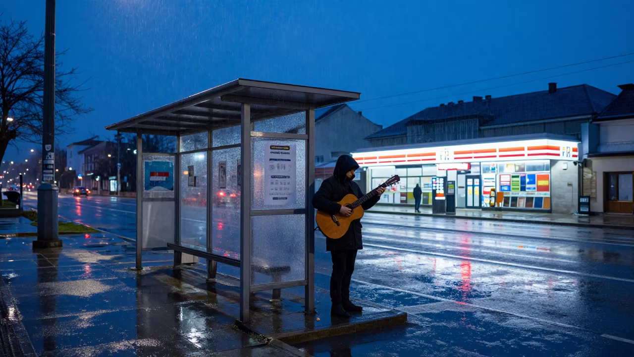 Rainy Twilight Busker at Banja Luka Tram Stop in outside a fluorescent convenience store in Banja Luka
