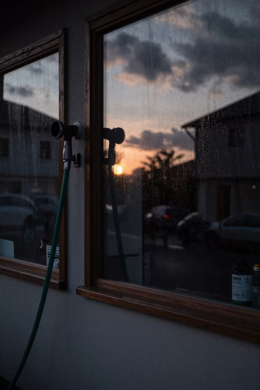 Rainy Twilight Hose Nozzle Wall Reflection in outside a shop window after rain near Bolu