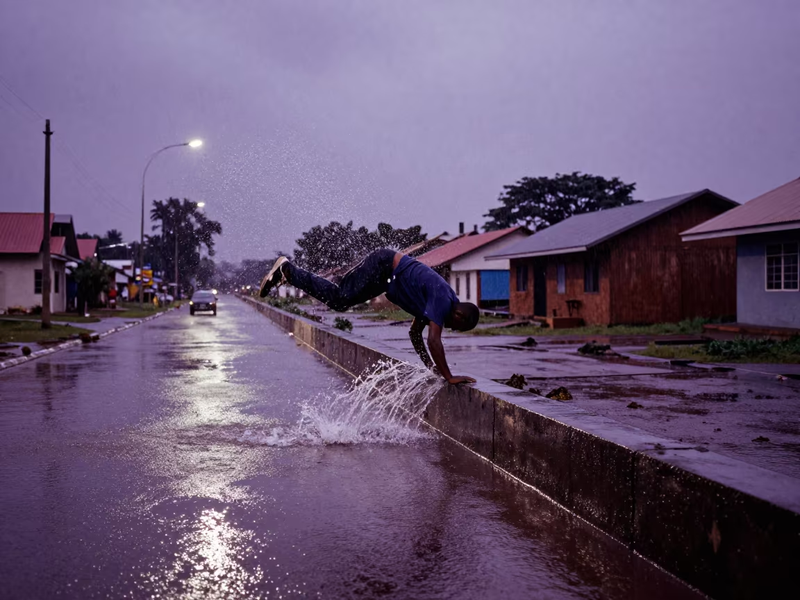 Rainy Twilight Parkour Runner Frozen Splash Kinshasa in in a village lane near Kinshasa