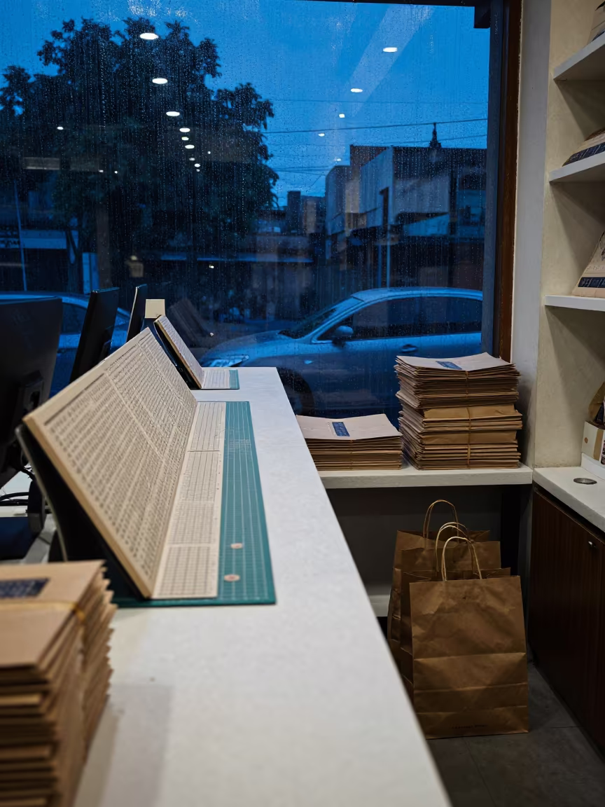 Rainy Twilight Retail Counter Ahmedabad in at a cash wrap counter with bags stacked nearby in Ahmedabad
