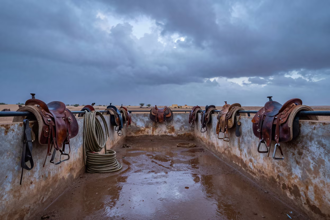 Rainy Twilight Saddle Room UAE Ranch Corral in inside a ranch corral in United Arab Emirates
