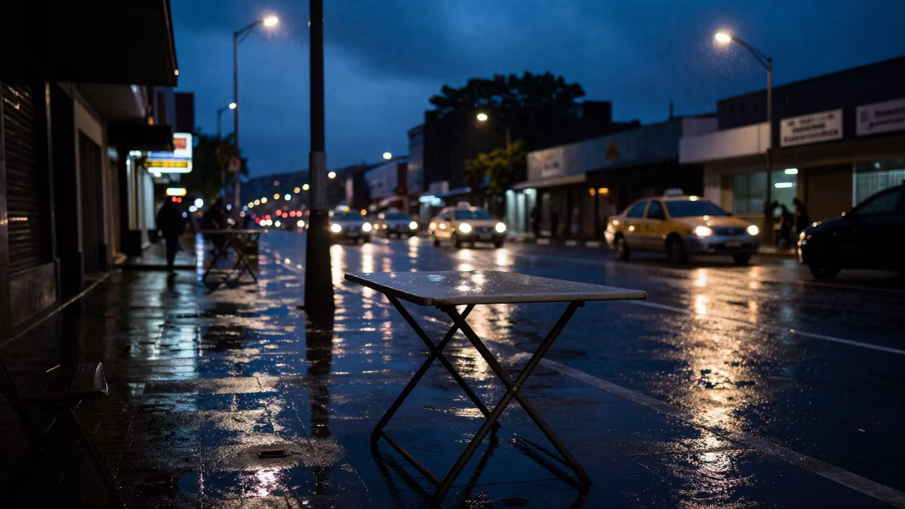 Rainy Twilight Taxi Reflections on Folding Table in along a shuttered arcade in Hadejia
