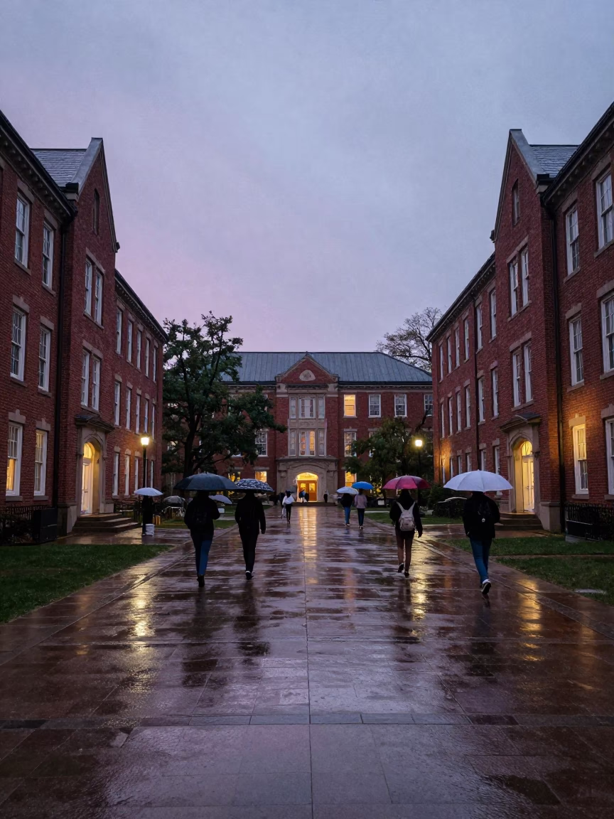 Rainy Twilight University Campus Quad Between Brick Buildings in Toronto Ontario in in Toronto, Ontario, Canada