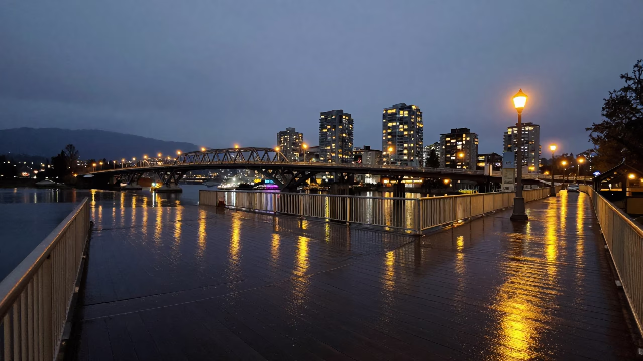 Rainy Vancouver Evening at False Creek Drawbridge with Reflections of City Lights and River in in Vancouver, British Columbia, Canada