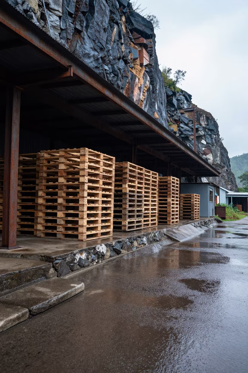 Rainy Warehouse Loading Bay on Quarry Ledge in on a quarry ledge near Porto-Novo