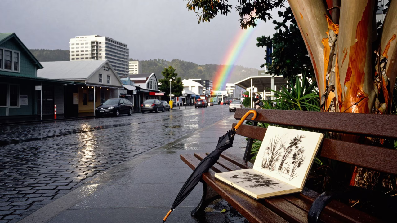 Rainy Wellington Street Scene with Rainbow Eucalyptus Bark and Charcoal Sketchbook in in Wellington, New Zealand