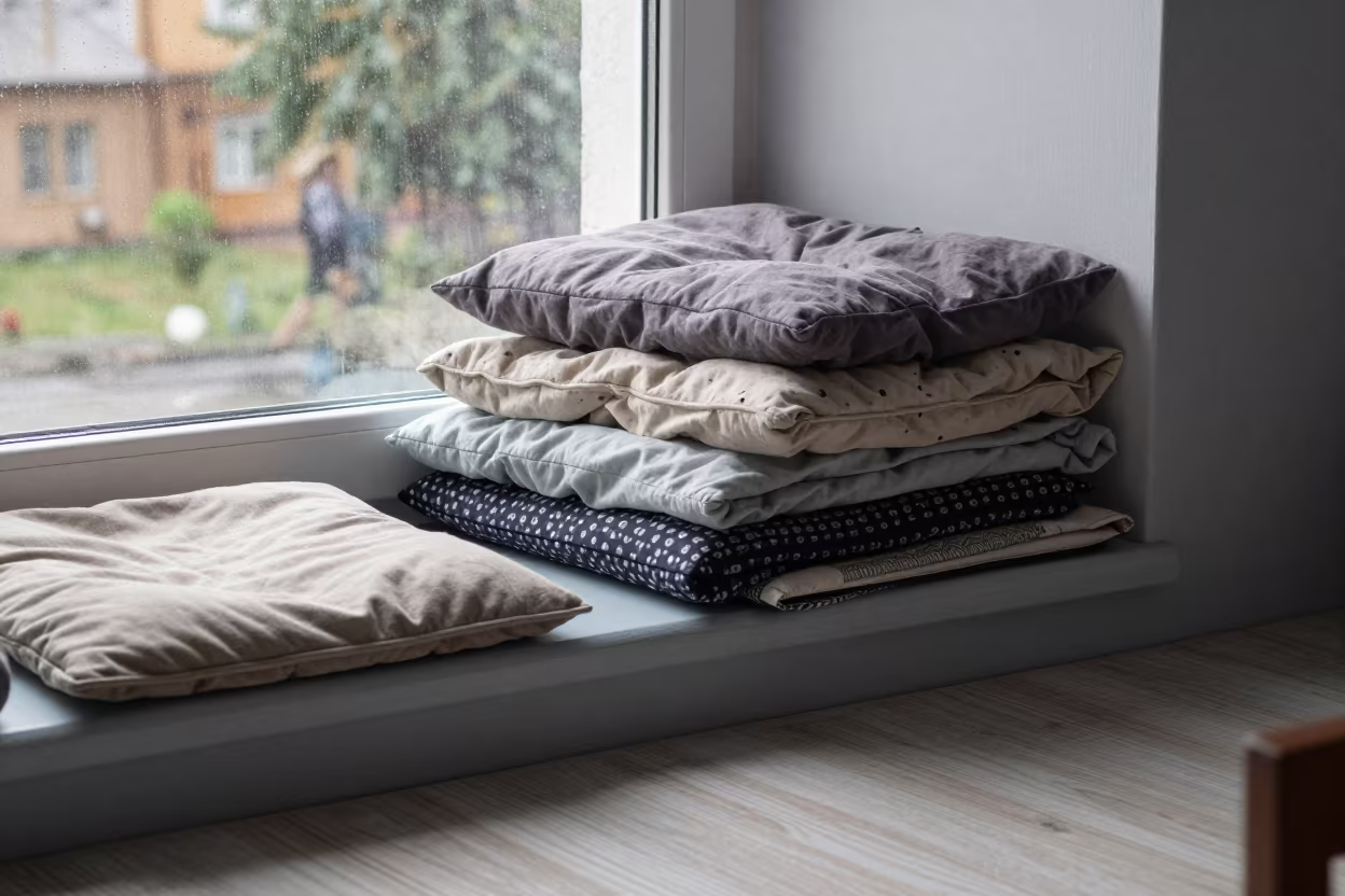 Rainy Windowseat Pile in Makhachkala Dawn in in a breakfast nook near Makhachkala