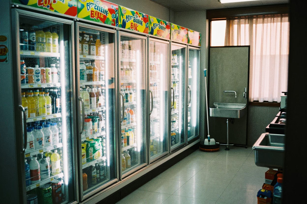 Evening Light in Raipur Convenience Store Fridge Bank in inside a storefront prepared for opening near Raipur