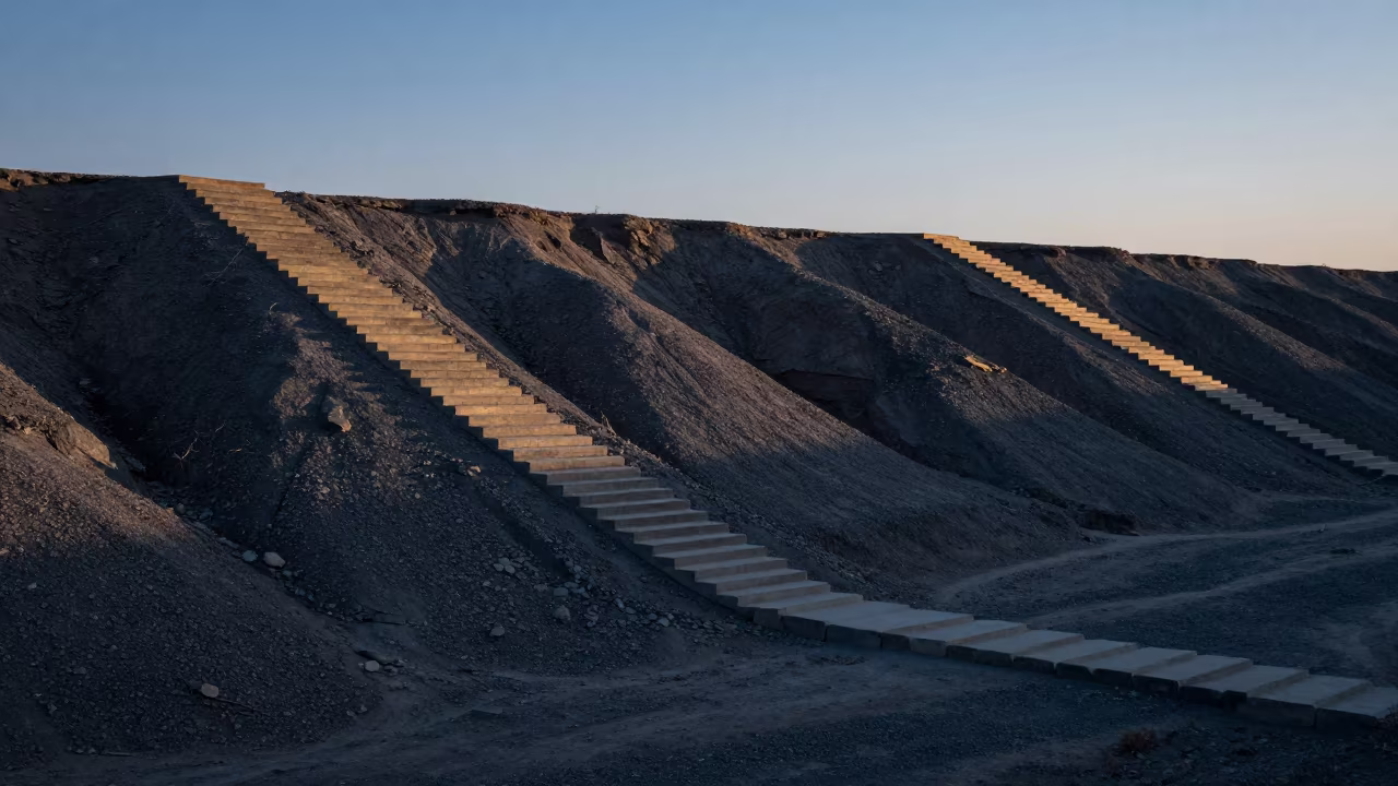 Rajasthan Alluvial Fan Staircase Silhouette in across a wide valley floor in Rajasthan