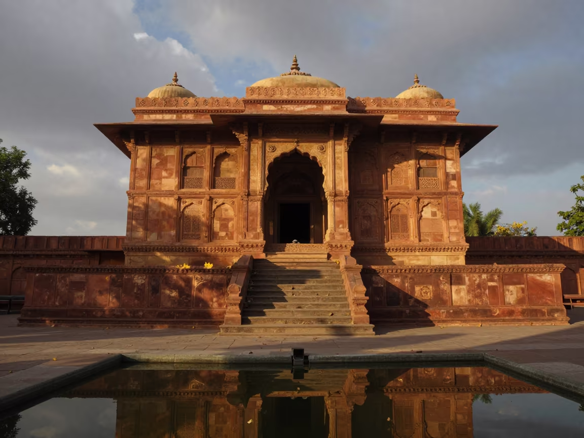 Rajasthan Library Facade Dawn Light Rim Shadow in at the base of a monumental staircase in Rajasthan