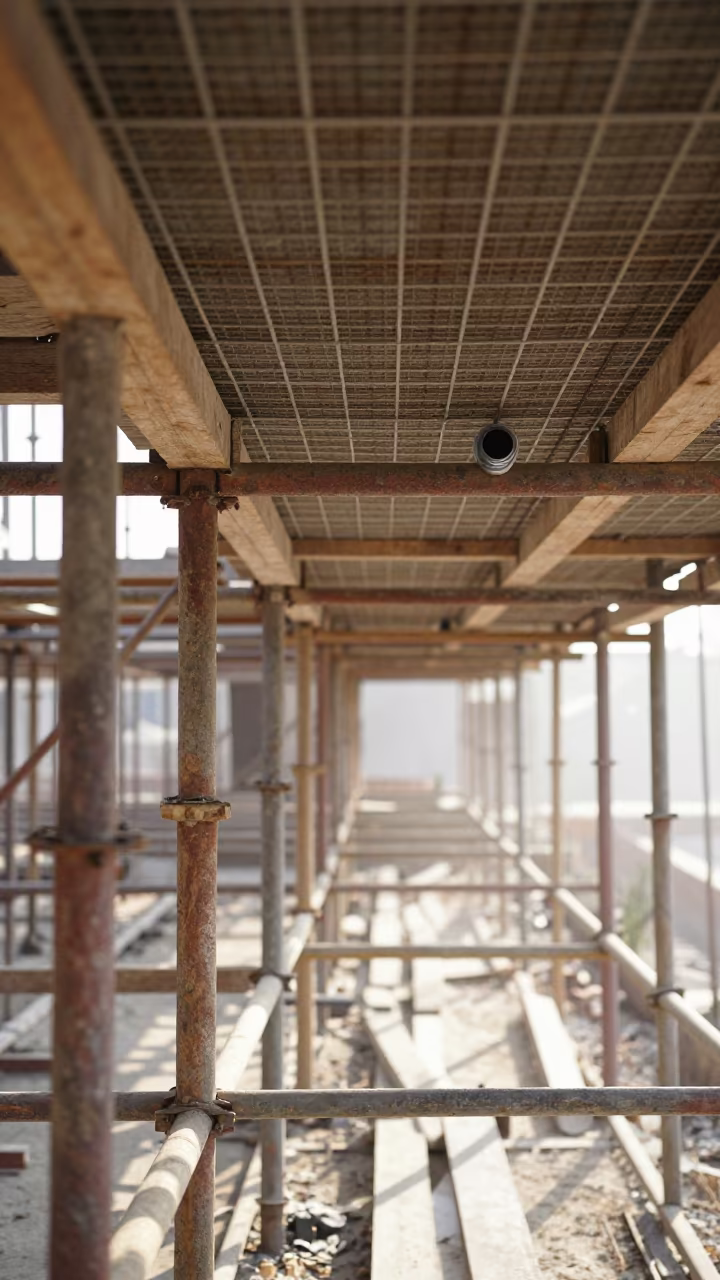 Rajasthan Scaffold Ceiling Grid Splice at Noon in along a scaffolded facade in Rajasthan