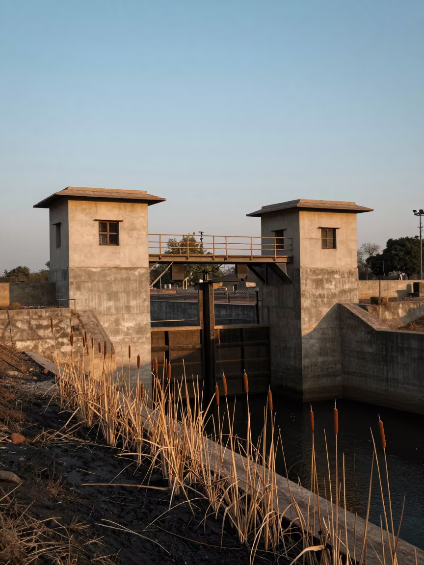 Rajasthan Sluice Winch House Cattails in along a dam spillway in Rajasthan