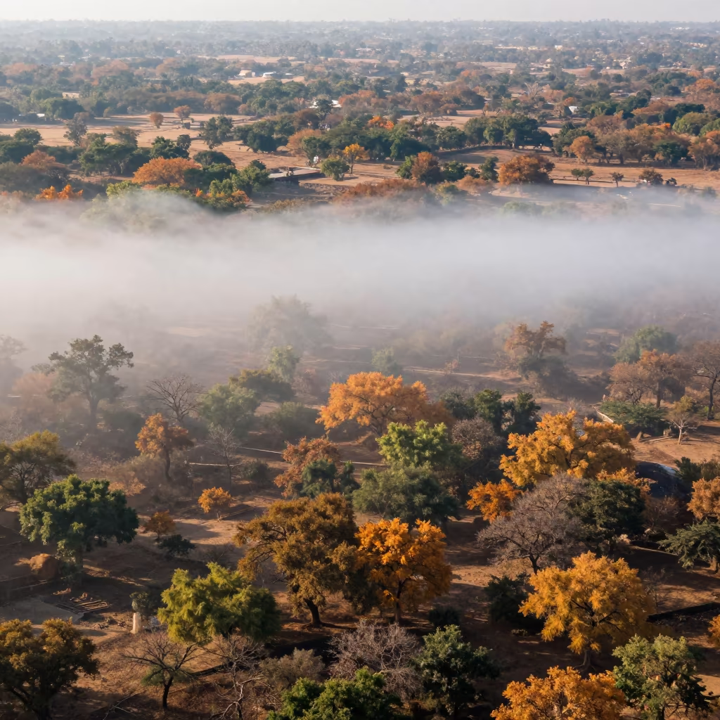 Rajasthan Valley Fog Wall Under Autumn Canopy in across a wide valley floor in Rajasthan