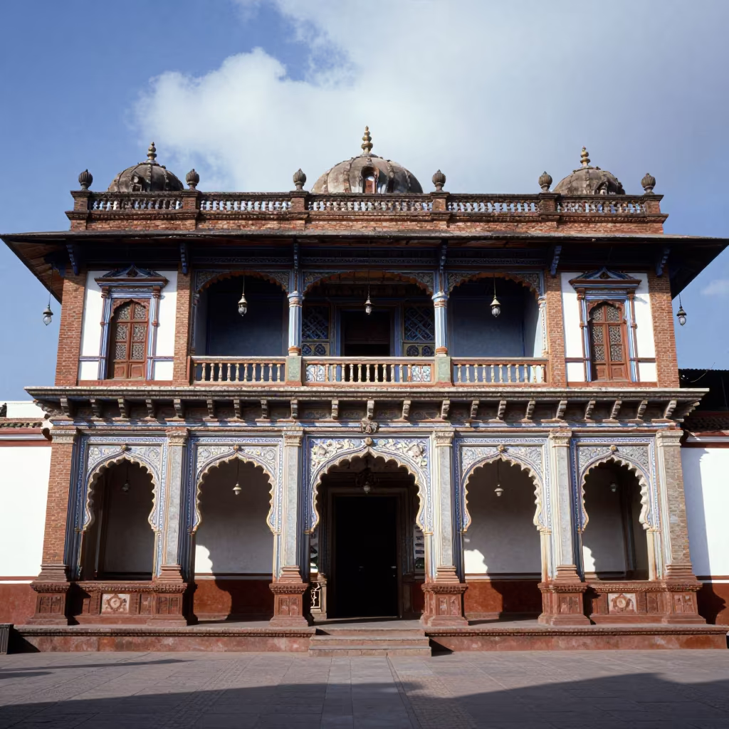 Rajasthani Haveli Facade in Colombian Temple Precinct in in a lantern-lined temple precinct in Colombia