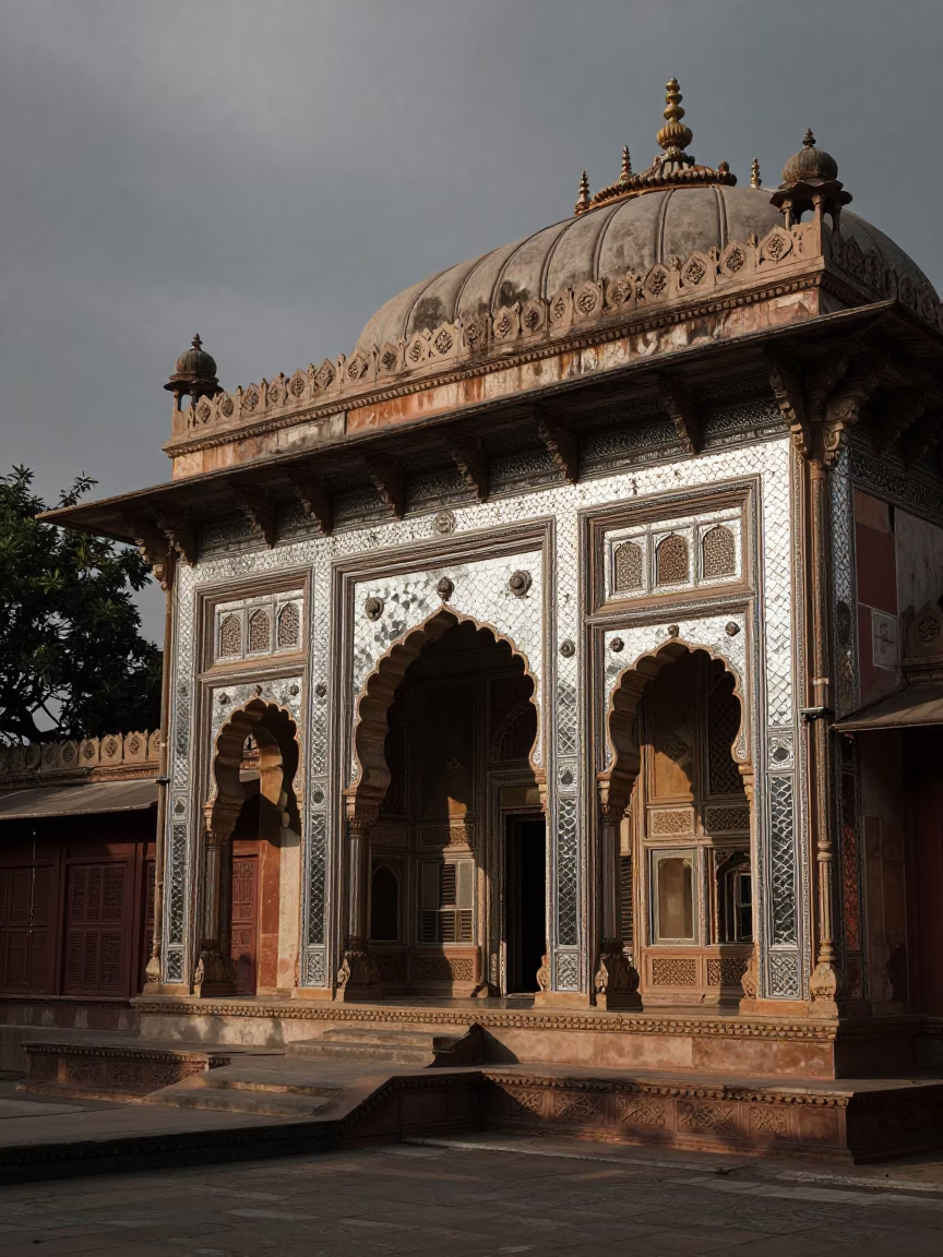 Rajasthani Haveli Mirror Facade at Dawn in along a colonnaded facade in Ensenada