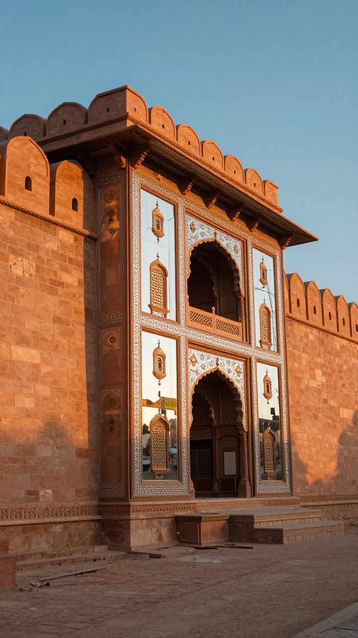 Rajasthani Haveli Mirror Facade North Korea in outside a wind-scoured fortress wall in North Korea