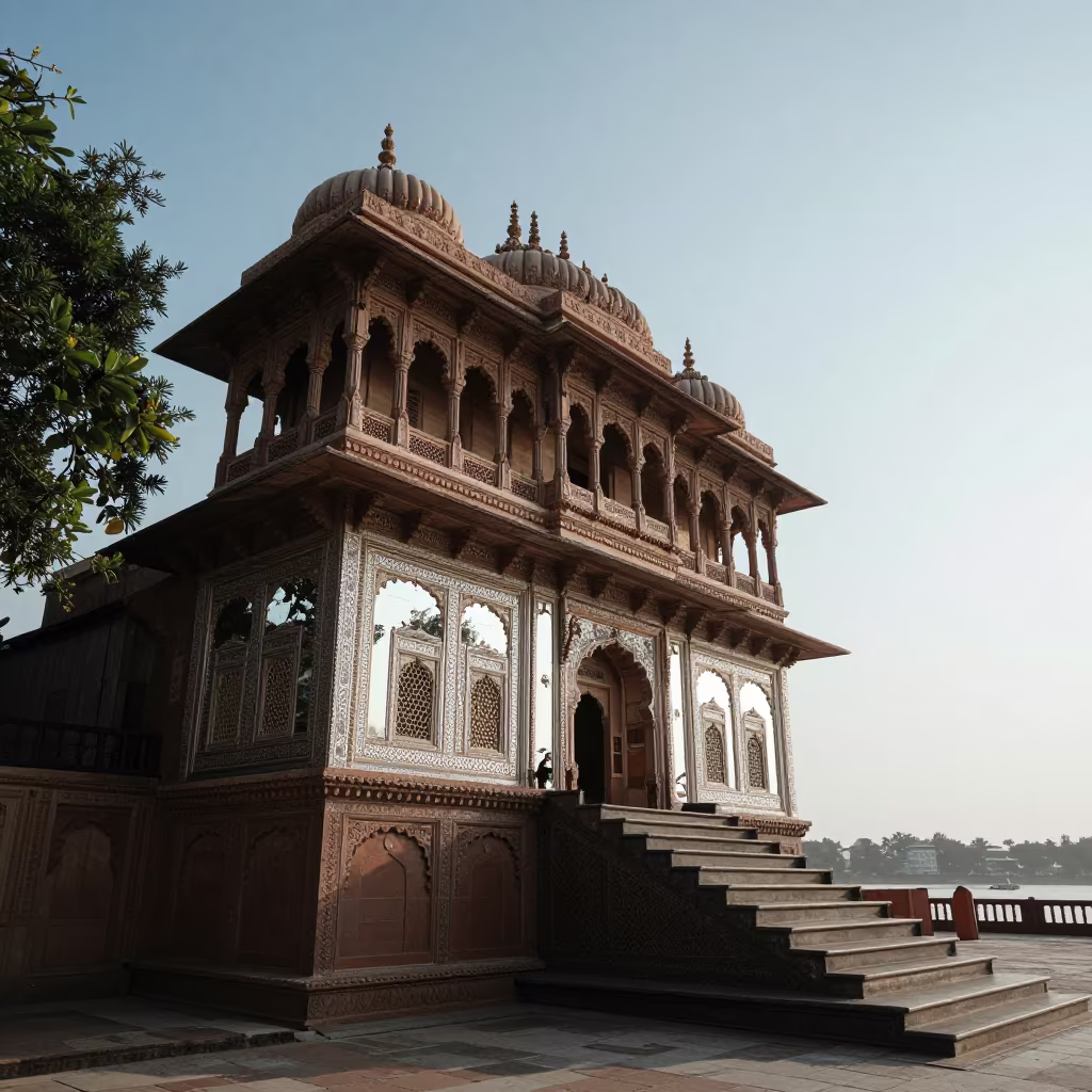 Rajasthani Haveli Mirror Facade Staircase in at the base of a monumental staircase near Naha