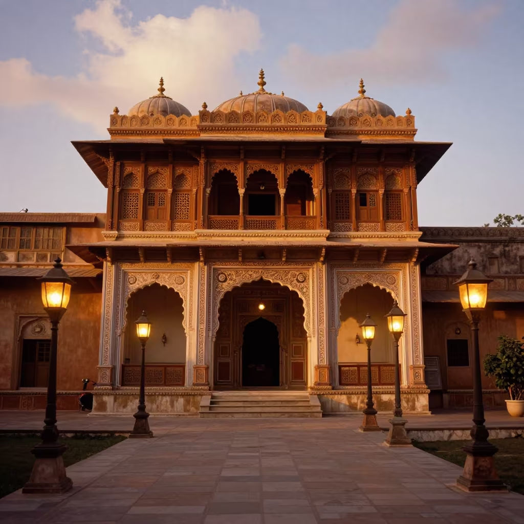 Rajasthani Haveli in Montenegro Temple Precinct in in a lantern-lined temple precinct in Montenegro