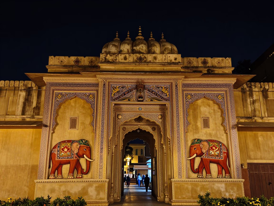 Rajasthani Haveli Painted Elephant Facade at Night in Jaipur India Street Photography in in Jaipur, India