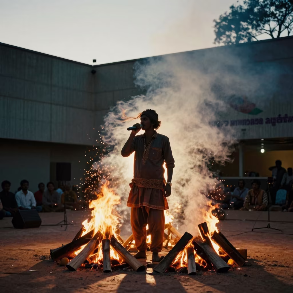 Rajasthani Singer Silhouette Desert Bonfire Hall Alice Springs in in a concert hall in Alice Springs