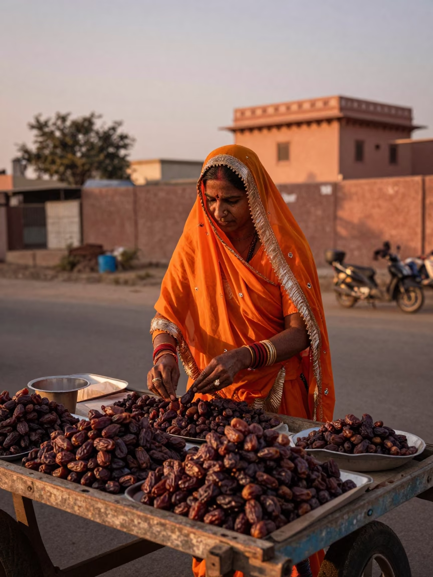 Rajasthani woman in bright orange sari selling dates in Jaipur before dusk in in Jaipur, India