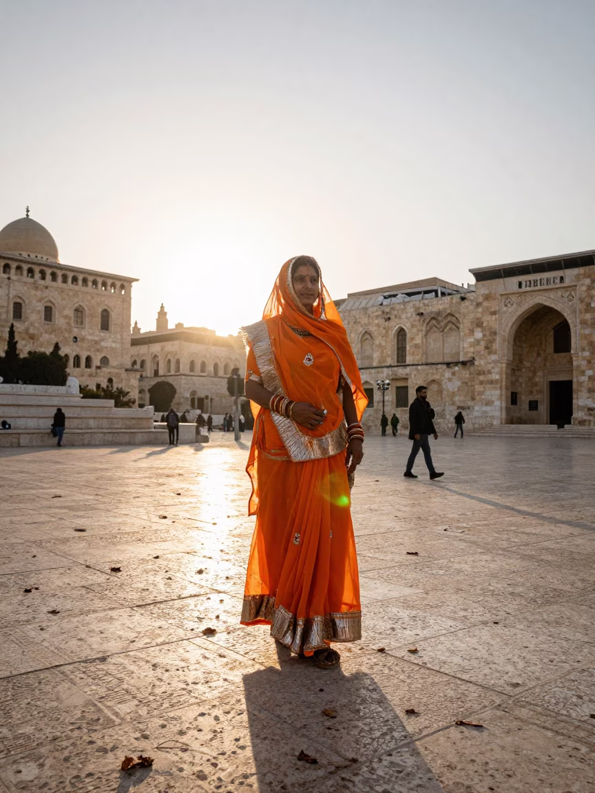 Rajasthani Woman in Orange Sari Dawn Jerusalem in at a public square in Jerusalem