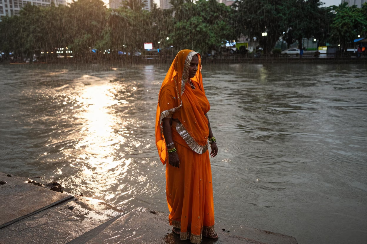Rajasthani Woman in Orange Sari by Guangzhou Water in near Guangzhou