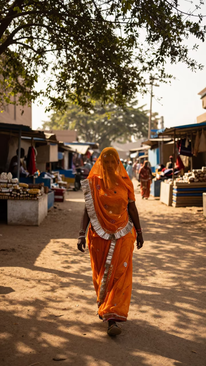 Rajasthani Woman in Orange Sari Jinja Market in along a market lane in Jinja