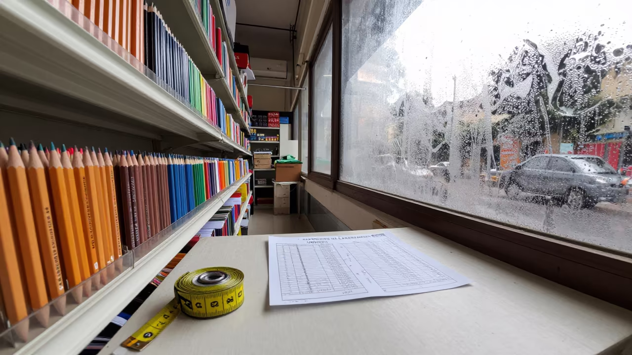 Rajkot Alterations Counter with Chalk and Tape in inside a bright retail aisle in Rajkot